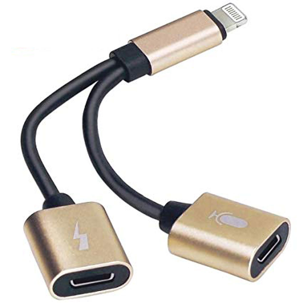NEW 2-in-1 Lightning iOS Splitter Adapter with Charge Port and Headphone Jack (Champagne Gold)